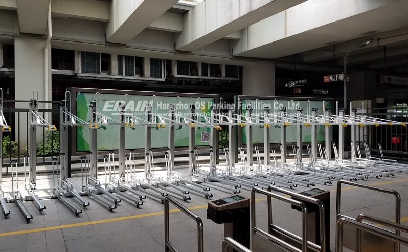 Two tier bike racks in railway station