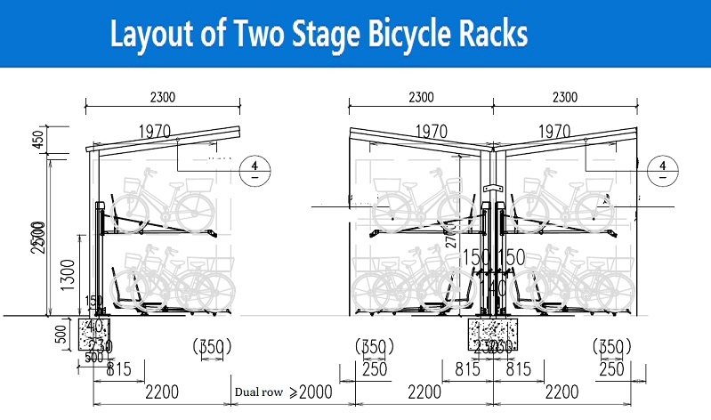 Layout of duplex bike racks with shelter